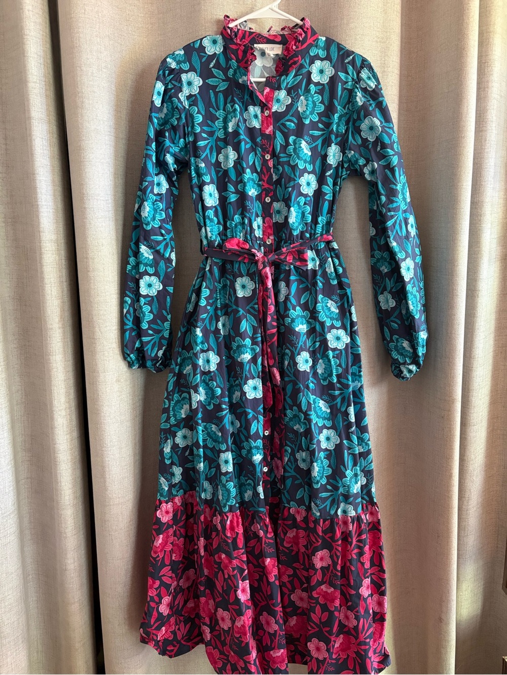 Peach Love California Teal and Pink Floral Button-Front Maxi Dress